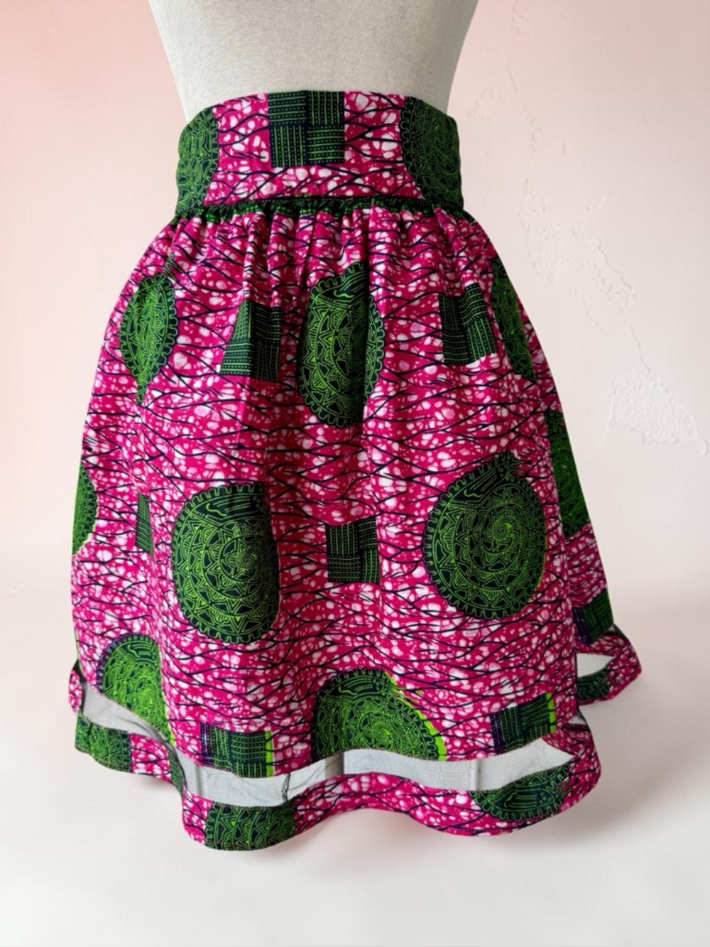 Ankara Wax Print Pink Green Pleated Midi Sz M High Waist Cotton African Boho